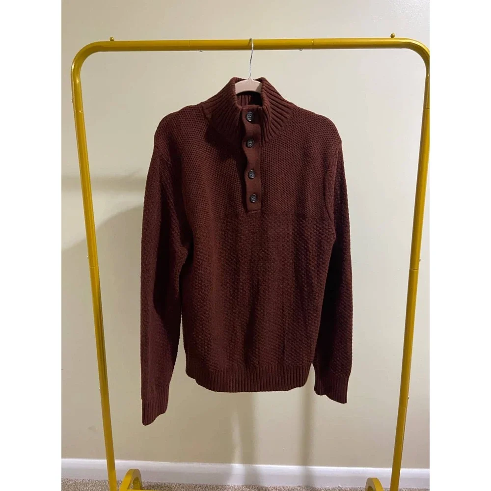 Banana Republic Mens Brown Textured Waffle‎ Knit Button Mock Neck Sweater Medium